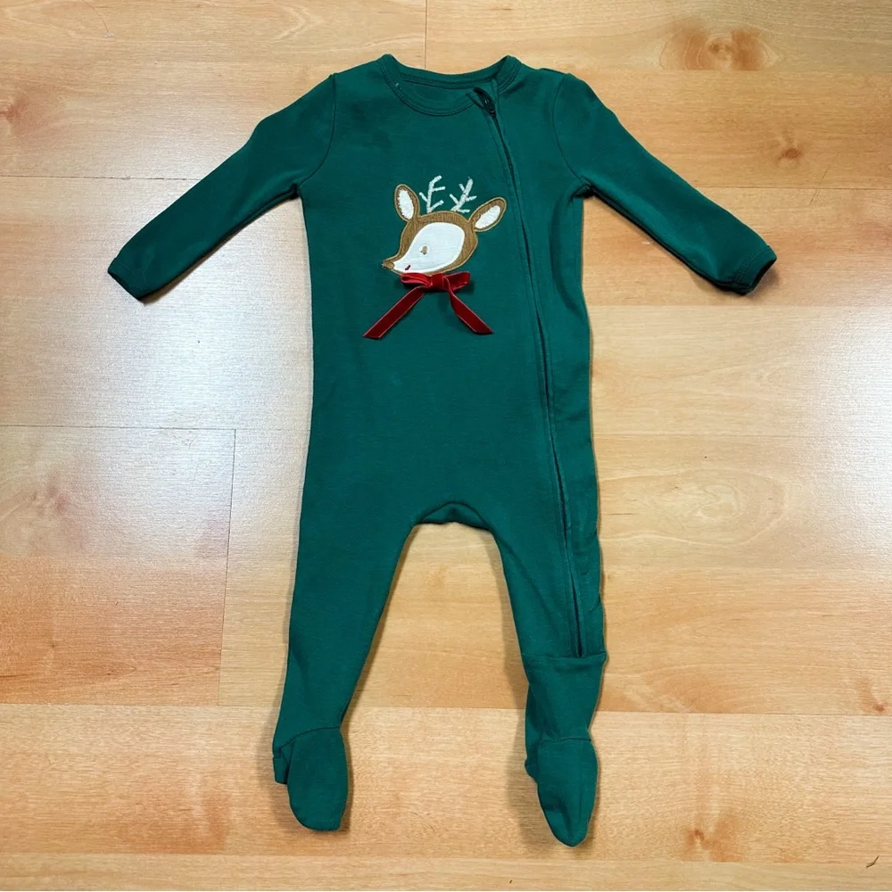 Pottery Barn Kids Green Reindeer Organic Baby Pajama Unisex Footie Size 3-6M